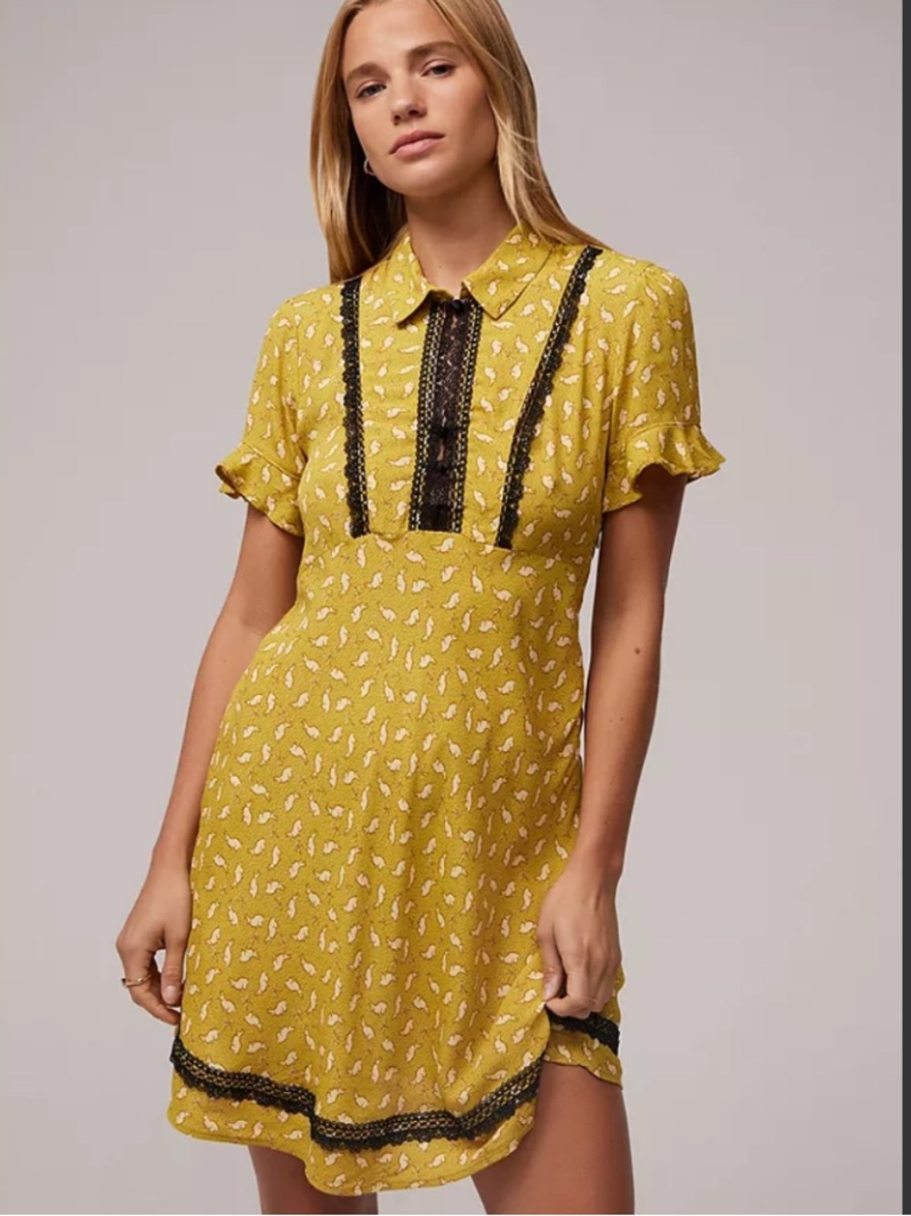 Kimchi Blue Lily Rose Mini Dress bunny print whimsical size medium yellow button